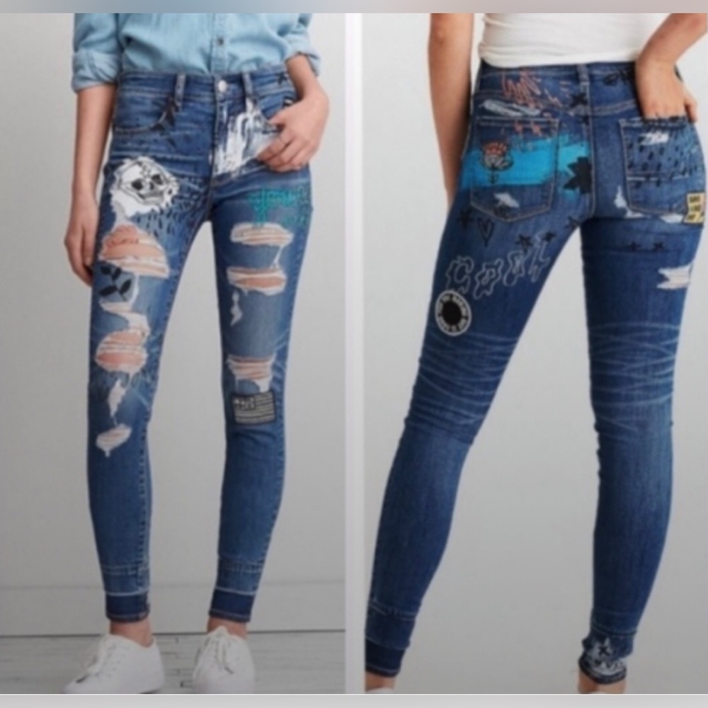American Eagle Womens Distressed Patchwork Skull Graphic High Rise Jegging Sz 00